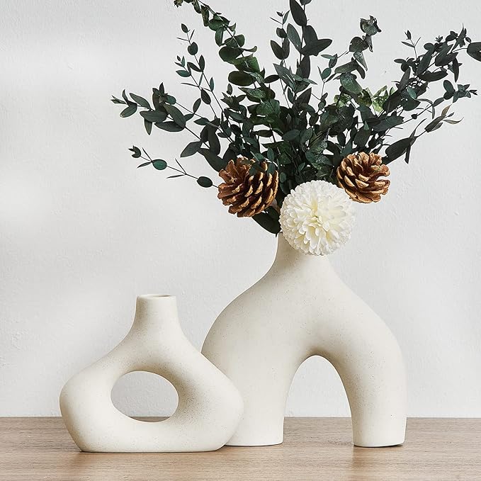 AWNR White Ceramic Vase Set of 2 for Modern Home Decor, Minimalist Round Donut Flowers Vase for Centerpieces Unique Neutral Boho Vase for Living Room Tv Stand Dining Room Dinner Table Decoration