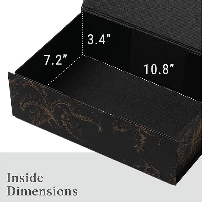 Luxury Keepsake Gift Box | Black Gold Floral Decorative Boxes with Magnetic Lids for Presents, Wedding Memory Box, and Bridal Gifts. 11.5" x 7.5" x 3.5"