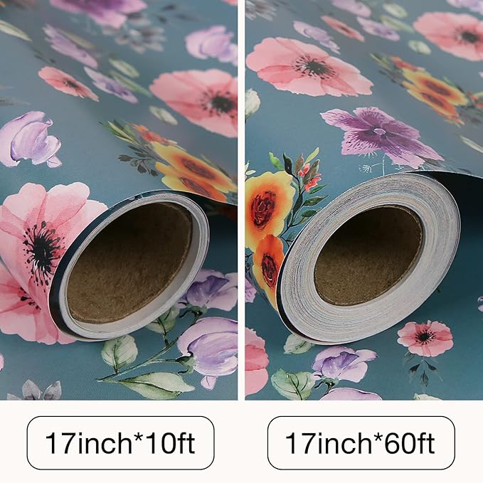 Aimyoo Blue Floral Wrapping Paper Jumbo Roll 17 in x 60 ft, All Accasion Pink Flower Gift Wrap for Wedding Birthday Bridal Shower