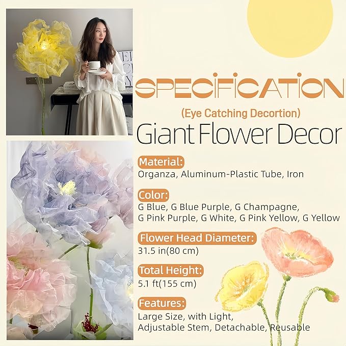 Giant Flowers for Decoration, 5 ft Large Organza Floral with LED Light, for Wedding Arrangements, Birthday Christmas Party Backdrop Decor, Photography Props, Shop Window Display