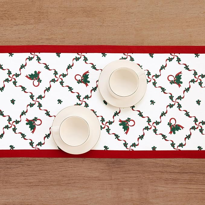 Solino Home 100% Pure Linen Christmas Table Runner 90 Inches Long - Red and Green Table Runner 14 x 90 Inch - Handcrafted and Machine Washable - Holly Ribbon Print