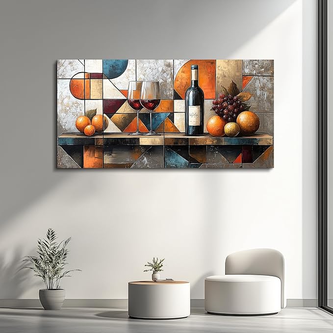 hyidecorart Canvas Wall Art For Kitchen Wall Decor For Living Room Dining Room Decorations Wine Glass Fruit Painting Still Life Geometry Abstract Picture Artwork Pub Posters Home Decor 20"x40"