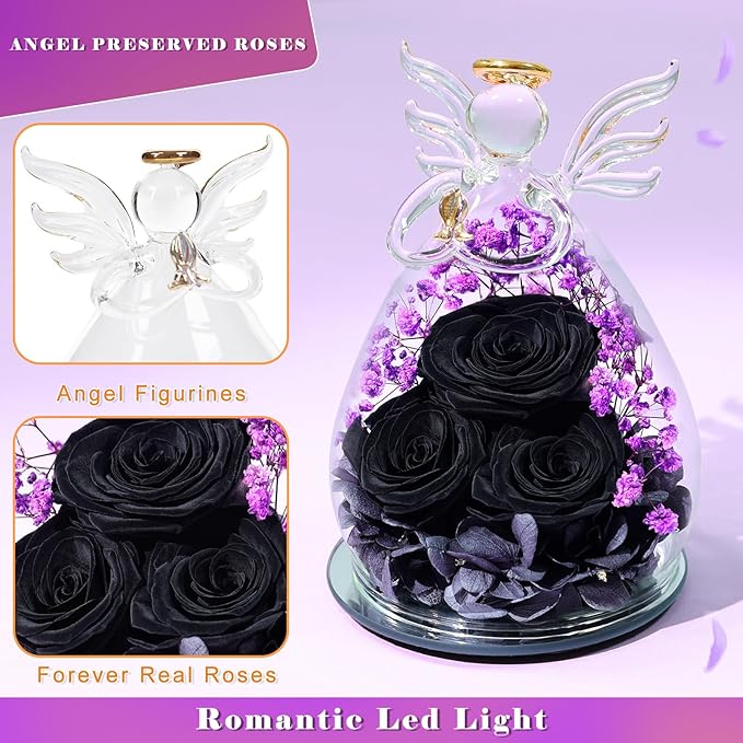 Beferr Christmas Birthday Gifts for Women, Mom Gifts for Christmas Fresh Flowers for Delivery Prime Forever Preserved Rose in Glass Angel, Xmas Gifts for Grandma Wife Sister Her, Black & Purple