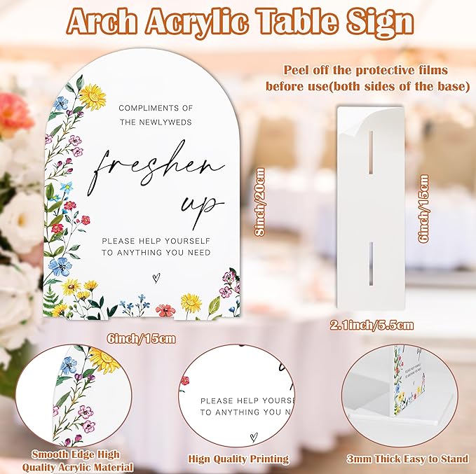 Acrylic Wedding Signs Freshen Up Sign, Wedding Bathroom Basket Supplies, 6x8" Floral Themed Arch Acrylic Table Decor, Love Is In Bloom & Baby In Bloom Decorations for Baby Shower Bridal Shower