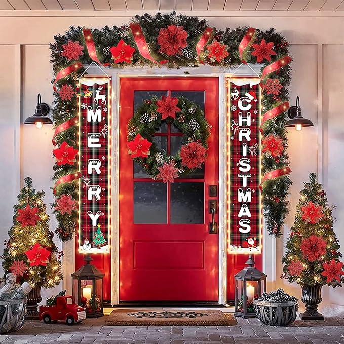 RECUTMS 9 Styles Christmas Red Glitter Artificial Poinsettia Flower Tree Ornaments with Ribbon Snowflake for Tree Wreaths Garland Floral Gift Winter Wedding Holiday Decoration(Red)