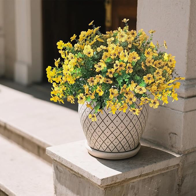 Artificial Fall Flowers Faux Mums for Outdoor Indoor Garden Home Decoration, Faux Flower Daisy with Eucalyptus Leaves Fake Mums Plants Greenery Boxwood Porch Patio, 12 Bundles