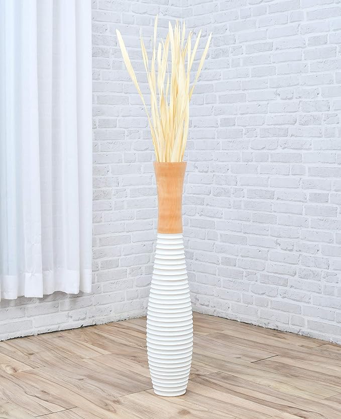 Leewadee Large Ecru Home Decor Floor Vase - Wooden 26 inch Tall Farmhouse Decor Flower Holder for Fake Plant and Pampas Grass