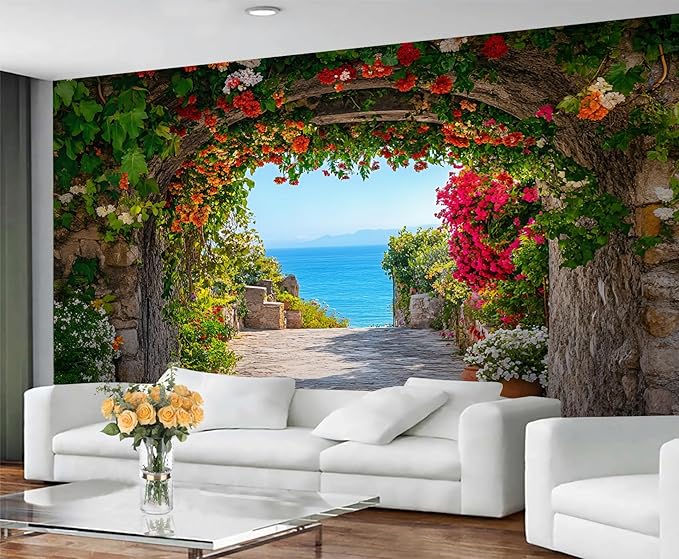 Mediterranean Arch Seaside Wall Mural, Flower Tunnel Ocean View 3D Wall Murals, Greek Island Style Wallpaper Mural, for Living Room Bedroom Large Wallpaper Indoor Decor 59" W x39.4 H