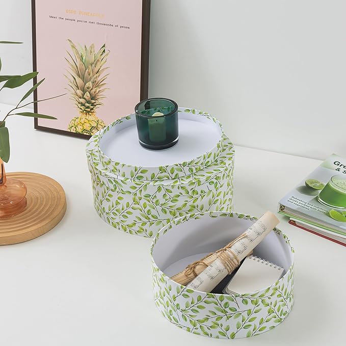 Soul & Lane Oblong Decorative Cardboard Storage Boxes with Lids, Set of 2 Botanical Green and White Keepsake Memory Boxes, Oval Nesting Paperboard Storage for Gifts, Lovely Leaves