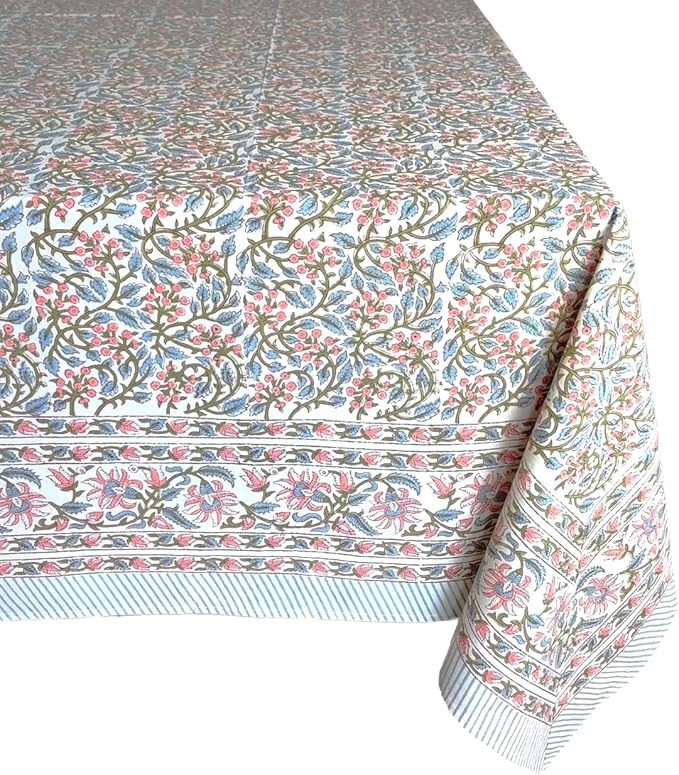 ATOSII Kalina 100% Cotton Square Tablecloth, Handblock Floral Print Linen Table Cloth for Kitchen I Dining Table I Tabletop I Parties I Wedding I Spring/Summer (60 X 60 Inches)