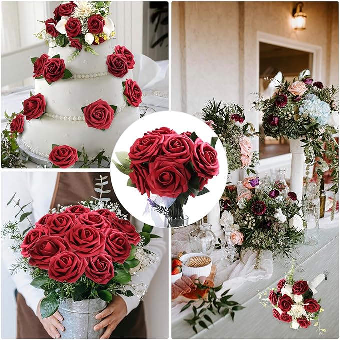 100 Pieces Artificial Foam Rose Flowers Faux Bouquet with Leaves and Stems for DIY Wedding Bouquets Centerpieces Bridal Shower Party Valentine Home Decorations(Burgundy)