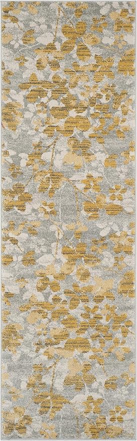 SAFAVIEH Evoke Collection 2'2" x 11' Grey / Gold EVK236P Floral Non-Shedding Living Room Bedroom Runner Rug