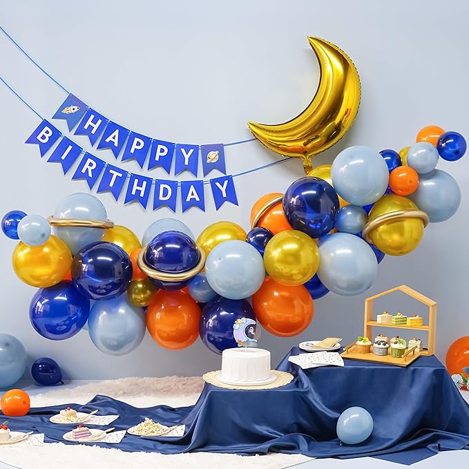 129 PCS Space Birthday Decorations – Includes Moon, blue and gold Balloon Arch Kit, Pump, Cake Topper, Paper Plates, Napkins, Bamboo Forks, and Banner – Outer Space Party Decorations, Serves 20 Guests