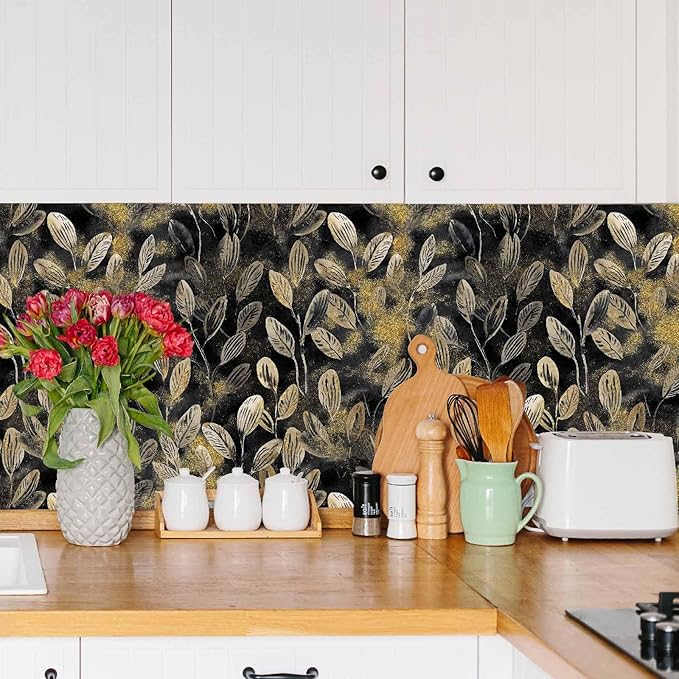 Modern Black and Gold Floral Leaf Peel and Stick Wallpaper Removable Dark Art Deco Self Adhesive Vinyl Contact Wall Paper for Bathroom Renter Friendly Wallpaper 17.7" X 70.8"