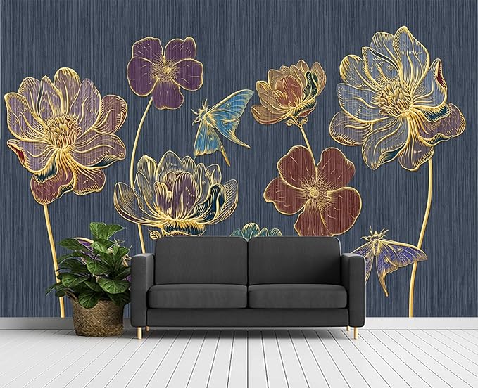 Embossed Golden Flower 3D Wall Mural Wallpaper for Bedroom 103" x 69"