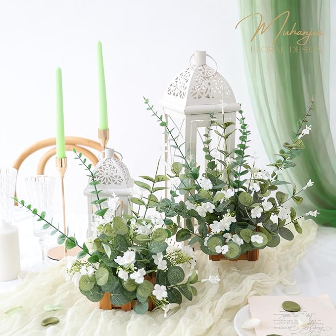 160Pcs Mixed Artificial Eucalyptus Stems and White Faux Flowers, Big Babys Breath and Eucalyptus Leaves Stems Bulk for DIY Wedding Bouquet Home Decor Floral Arrangement (Green 160Pcs)