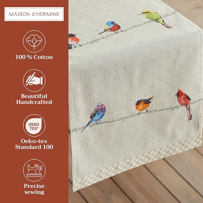 Maison d' Hermine Table Runner 100% Cotton Double Layer Table Runners 108 inches Long Decorative for Home Kitchen Dining Party Wedding Bridal Shower Spring Summer (Birdies On Wire, 14.50" x 108")