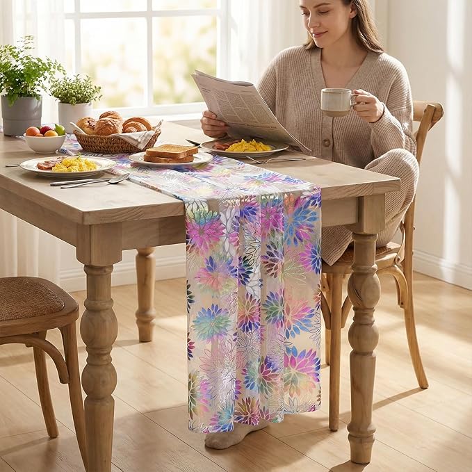 Artoid Mode Multicolor Gold Dahlia Flower Gauze Table Runner 120 Inch 10FT, Glitter Metallic Foil Sheer Cheesecloth Dining Holiday Table Decor for Home Party