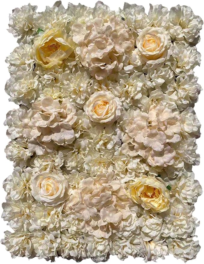 6 Pack Artificial Flower Wall Panels 24" x 16" Flower Wall Panel Wall Backdrop Faux Hydrangea and Rose Flower Backdrop Panels for Flower Wall Decor Wedding Party Event Decoration (6 PCS, Khaki)