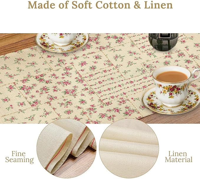 Floral Table Runner, Watercolor Rose Flower Kitchen Table Decoration Vintage Spring Home Tablecloth for Birthday Party Picnic Decoration 13x108 Inch 1PCS