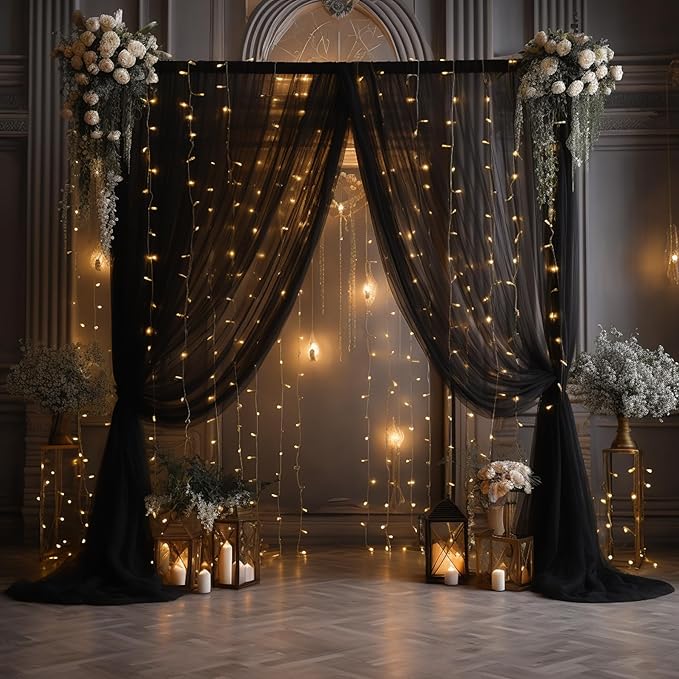 20x10ft Black Tulle Backdrop Curtain with Lights String for Parites, Sheer Backdrop Curtains for Wedding Baby Shower Birthday Party Photo Shoot Decorations