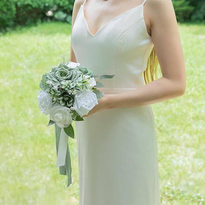 ponatia Sage Grenn Wedding Bouquets for Bride Bridesmaid, White Wedding Artificial Roses Flowers for Wedding Bouquets Ceremony, Anniversary (Sage Green & White)
