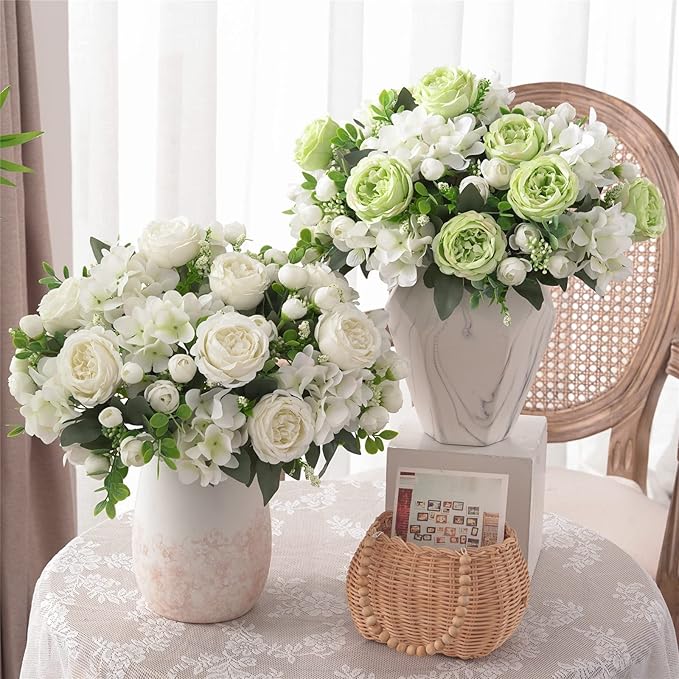 4 Bunches White Peonies Artificial Flowers for Decoration Faux Roses Fake Bouquet Arrangements Plastic Table Centerpiece Silk Flores for Vase Party Wedding Home Décor (White)