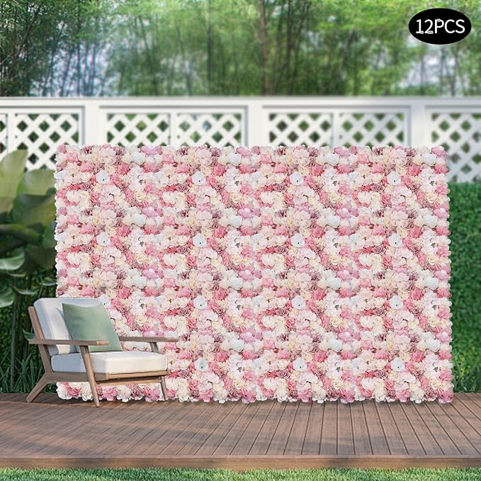 12pcs 24" x 16" Artificial Flower Wall Panel Background,3D Pink Silk Dahlia Hydrangea Rose Flowers Wall Backdrop for Wedding Party Event Photo Backdrop Wall Decor (Type 4)