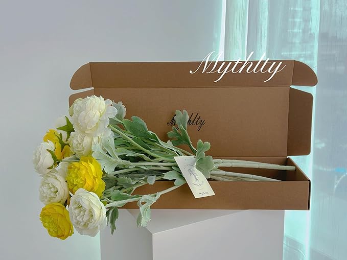 7 pcs White and Yellow Peony Artificial Flowers with Stems for Vase, Fake Peonies Silk Flowers Arrangement for Home Office Farmhouse Indoor, Kitchen Dining Table Centerpiece Decorations