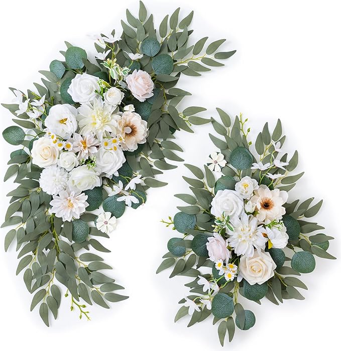 Artificial Arch Flowers Swag Set of 2 for Wedding Welcome Sign Floral Decoration and Reception Backdrop Decoration(Champagne White)