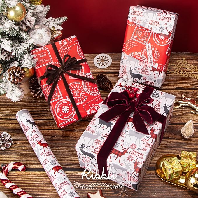 Ribbli 4 Rolls Velvet Ribbon, 3/8 Inches 5-Yard Each Roll, Christmas Ribbon for Gift Wrapping, Christmas Tree Decoration, Home Decor-Red/Green/Burgundy/Khaki
