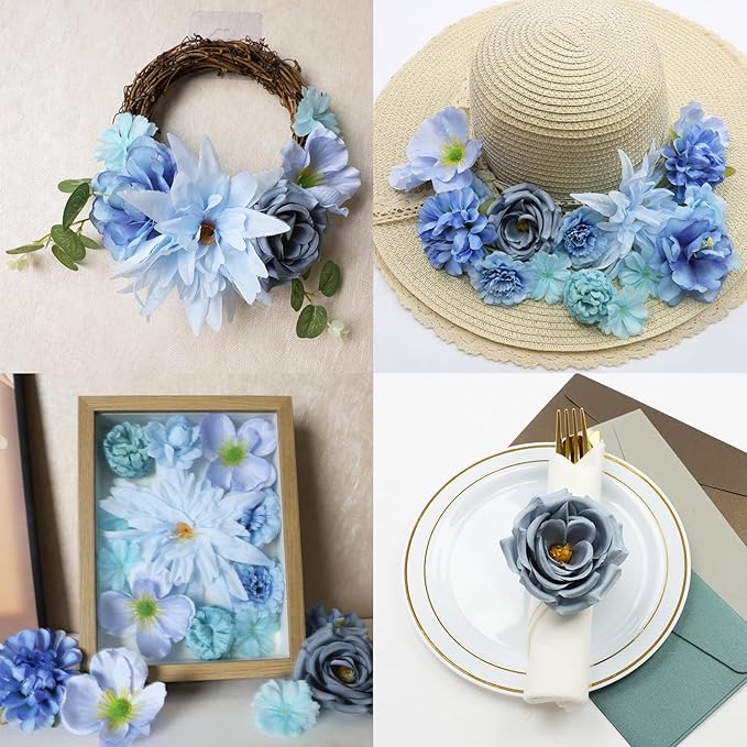 56 PCS Faux Flower Heads Combo Blue Silk Flowers Mix Peony Rose Hydrangea Fake Florals for DIY Crafts Wedding Bouquets Centerpieces Arrangements Party Bridal Baby Shower Home Decorations