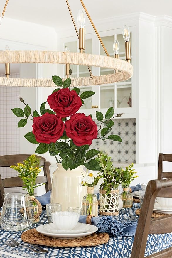 Hollyone 3Pcs Red Roses Artificial Flowers Bouquets 26.3" Fake Flower Arrangements Silk Flowers Rose with Long Stem Floral Branch Faux Roses Flowers DIY Wedding Party Table Centerpieces Home Decor