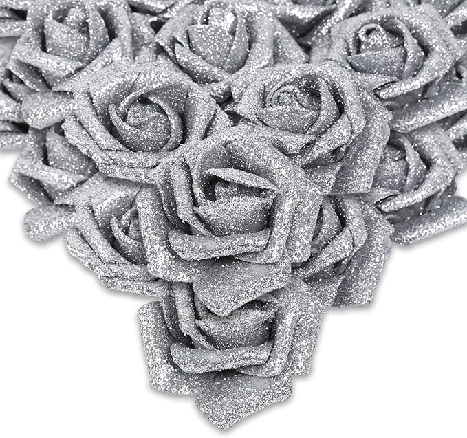 IPOPU Silver Roses Artificial Flowers,50pcs Glitter Flowers Fake Foam Roses with Stem for DIY Wedding Bridal Bouquet Home Party Christmas Decoration(Silver)