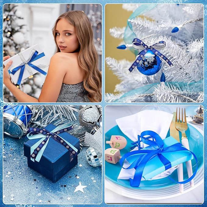 6 Rolls Snowflake Wrapping Ribbon 3/8 Inch x 150 Yards Glitter Christmas Holiday Blue Sliver Winter Ribbons for Christmas Tree Wrapping Decoration Floral Bows (Winter)