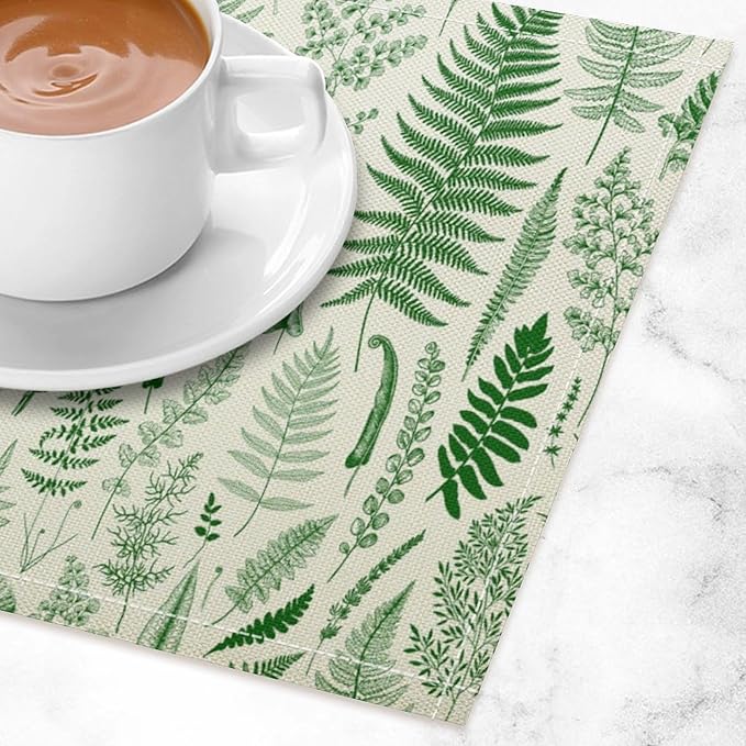 Vintage Leaves Placemats Set of 8, 17x12 Inch Green Boho Abstract Aesthetic Tropical Botanical Leaves Modern Art Printed Table Mats for Home Party Kitchen Dining Decor