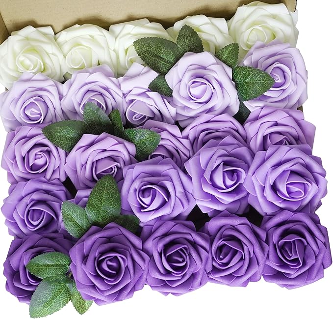 25pcs Artificial Flower Purple Foam Rose Real Touch Roses Flower Heads with Stem for DIY Wedding Bouquets Centerpieces Arrangements Party Baby Shower Home Decor (Shades of Purple Rose)