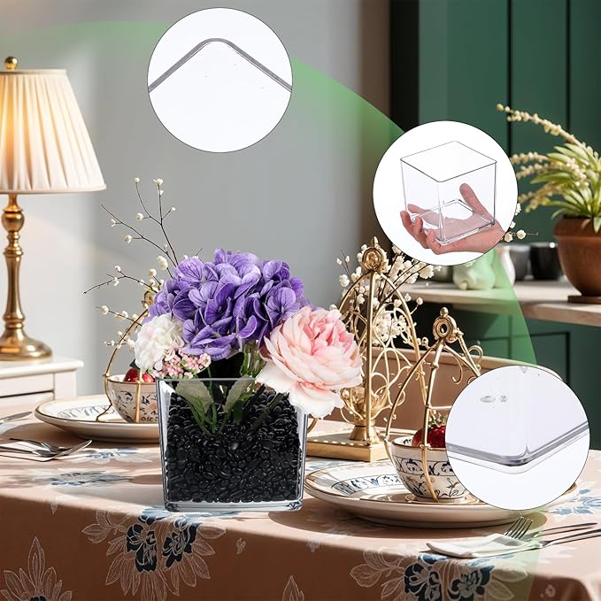 6 Pcs Square Acrylic Vase 4" x 4" Plastic Flower Acrylic Vases for Centerpieces Plastic Vase Cube Bulk Succulent Pots Planter Clear Square Vases for Centerpieces Plant Wedding Home Office Floral Decor
