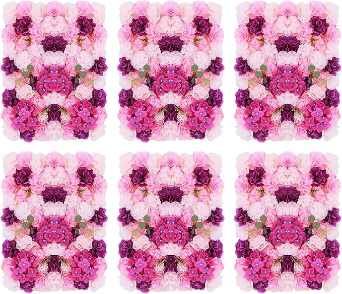 Flower Wall Panel Floral Backdrop,6pcs Champagne Flower Wall Decor,Silk Rose Wall, Artificial Flower Backdrop Faux Flower Panel for Wedding (6PCS Pink, Purple)