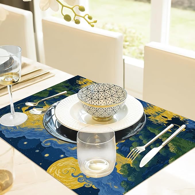 Van Gogh Style Watercolor Painting Placemats, 12 x 18 inch, Linen Placemat Kitchen Dining Room Decor Holiday Decor Rustic Vintage Waterproof Washable Placemat Set of 6
