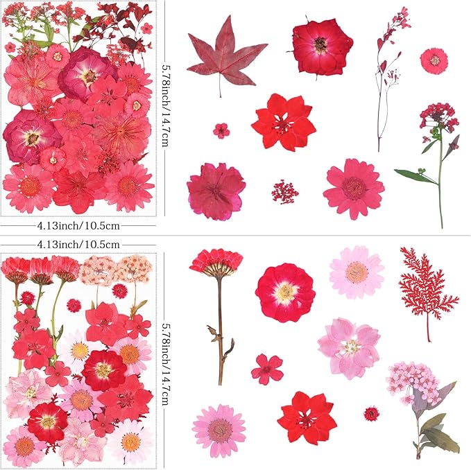 110Pcs Red Dried Pressed Flowers for Crafts,Xinxinran Dry Flower Kit for Resin Molds,Epoxy Resin Accessories,Bookmark,Nails, Jewelry Molds,Candle Making Supplies,Soap,Frame