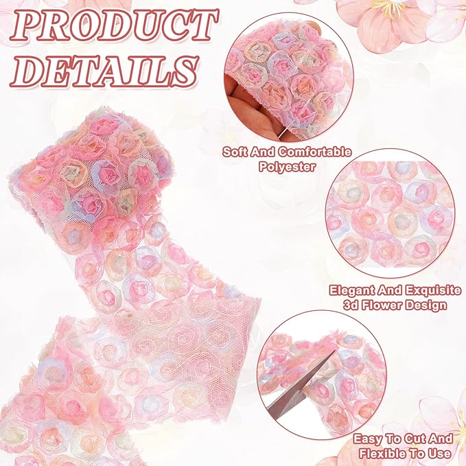 uxcell 2PCS Lace Trim Ribbon, 2.36 inch - 1 Yard 3D Rose Floral Embroidery Ribbons Edge Trimming for Sewing, Wedding Dress, DIY Crafts, Decoration Accessories, Pink Rose