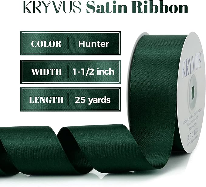 Hunter Green Satin Ribbon, Double Faced 1-1/2 Inch X 25 Yards, Premium Satin Ribbon for Gift Wrapping, Crafts, Hair Bow Making, Sewing, Flower Bouquet, Wedding Party Decor