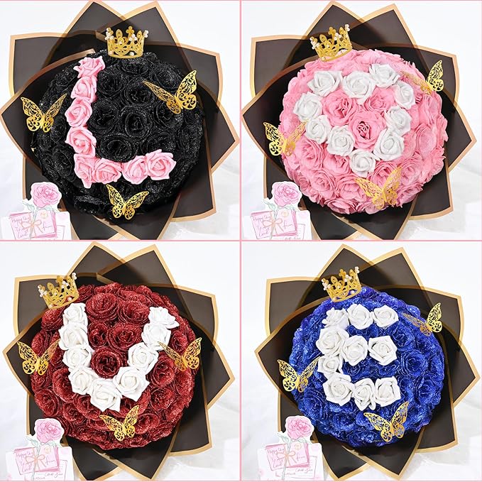 Waipfaru 36+20 Glitter Roses Bouquet, DIY Fake Flowers Bouquet, Craft The Initials of Your Loves' Name with Artificial Rose Bouquet for Valentines, Anniversary, Wedding, Black & Pink