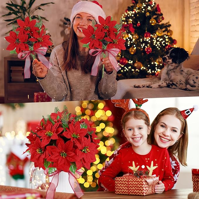 Poinsettia Christmas Decorations 6 Pack 7 Heads Artificial Poinsettia Flowers Bouquet 14 Inch Velvet Poinsettia Picks With Red Berry Stems Holly Leaves for Christmas Tree Vase Porch Home Garden Decor