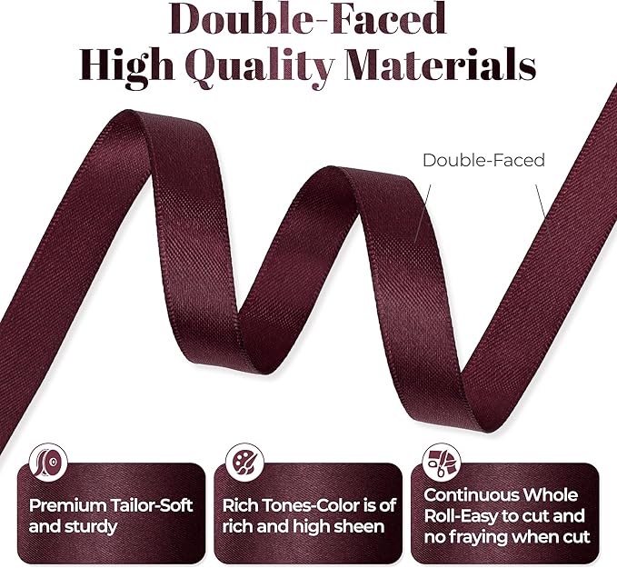 Burgundy Satin Ribbon, Double Faced 1/2 Inch X 25 Yards Burgundy Ribbon, Premium Satin Ribbon for Gift Wrapping, Crafts, Hair Bow Making, Sewing, Flower Bouquet, Wedding Party Decor