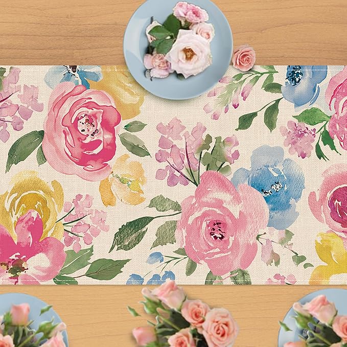 Seliem Spring Summer Watercolor Flower Table Runner, Peony Floral Kitchen Dining Table Decor, Seasonal Burlap Home Decoration Indoor Outdoor Party Supply 13 x 36 Inches