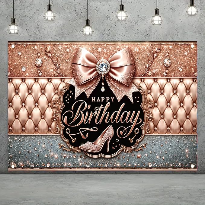 Happy Birthday Backdrop Banner Pink High Heels Birthday Photo Backdrop Photography Background Glitter Diamond Decorations Girl Sweet Party Banner Photo Booth 71 x 43 Inch