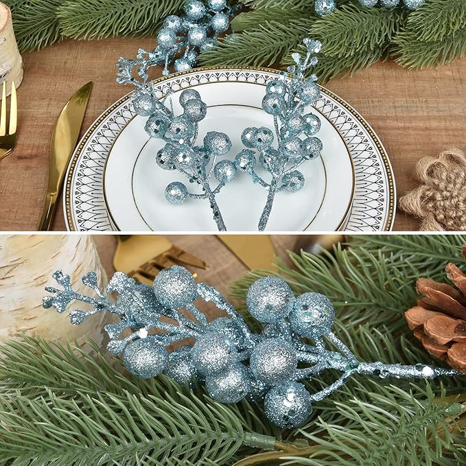 Lvydec 16pcs Christmas Glitter Berry Stems, 7.8" Artificial Christmas Picks for Christmas Tree Ornaments, DIY Xmas Wreath, Crafts, Holiday and Home Decor (Light Blue)