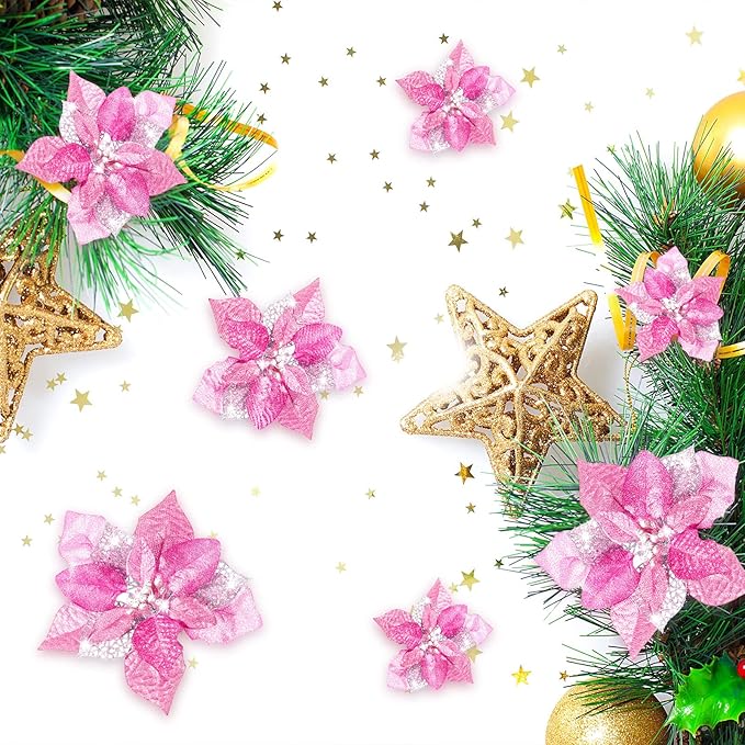 WILLBOND 36 Pieces Christmas Poinsettia Glitter Faux Flowers Christmas Artificial Flowers Tree Ornaments Topper Xmas Decorations(Pink)